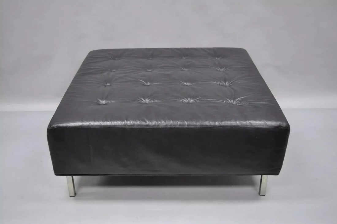 Thayer Coggin Modern Barcelona Style Black Tufted Leather Square Ottoman - 2