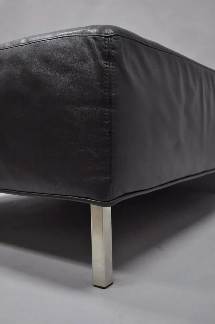 Thayer Coggin Modern Barcelona Style Black Tufted Leather Square Ottoman - 5