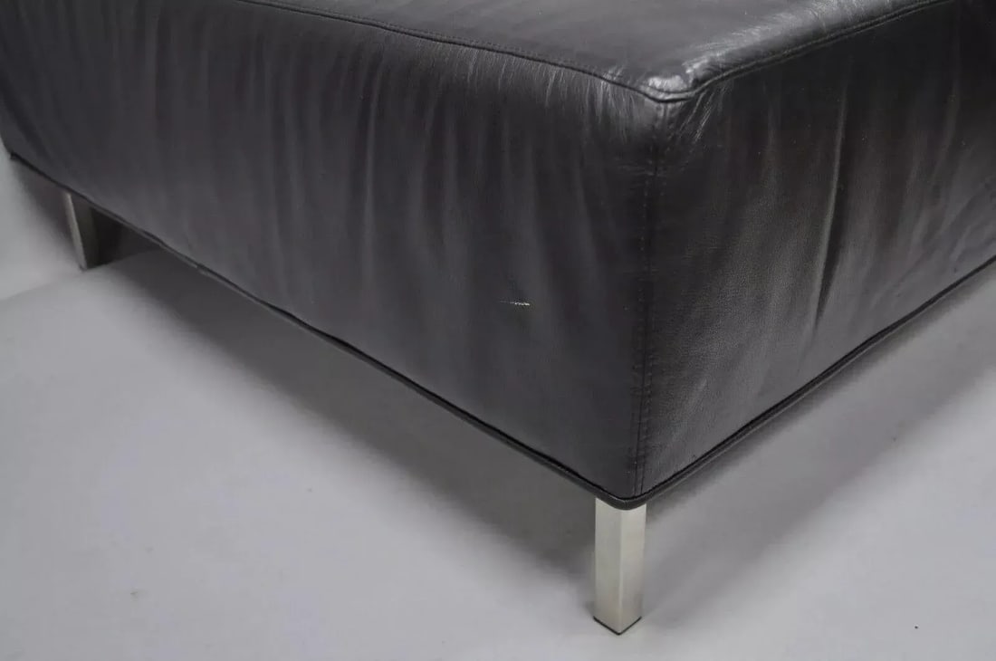 Thayer Coggin Modern Barcelona Style Black Tufted Leather Square Ottoman - 7