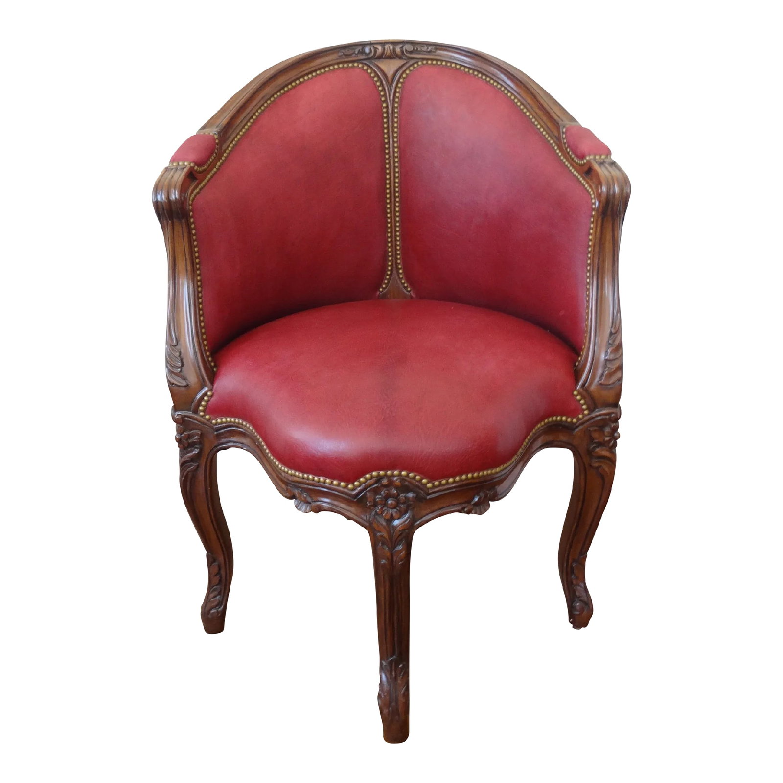 Late 20th Century Louis XV Style Fauteuil De Bureau: Hand carved walnut Louis XV style Fauteuil de Bureau from Rossi Antique's San Francisco. Upholstered in a burgundy leather and contrasting fabric rear panels this chair makes an impressive statement i