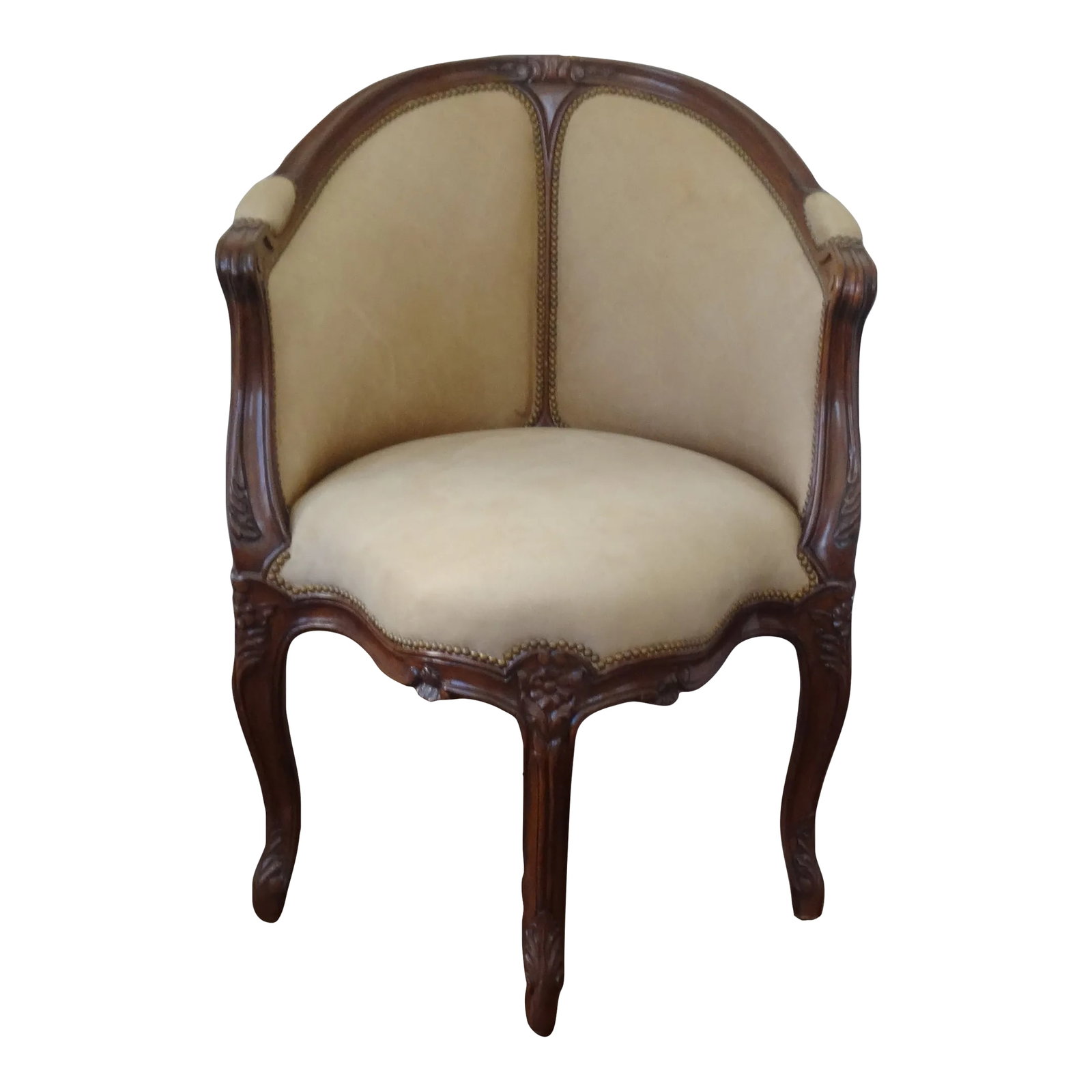 Late 20th Century Louis XV Style Fauteuil De Bureau: Hand carved walnut Louis XV style Fauteuil de Bureau from Rossi Antique's San Francisco. Upholstered in a ivory leather and contrasting fabric rear panels this chair makes an impressive statement in f