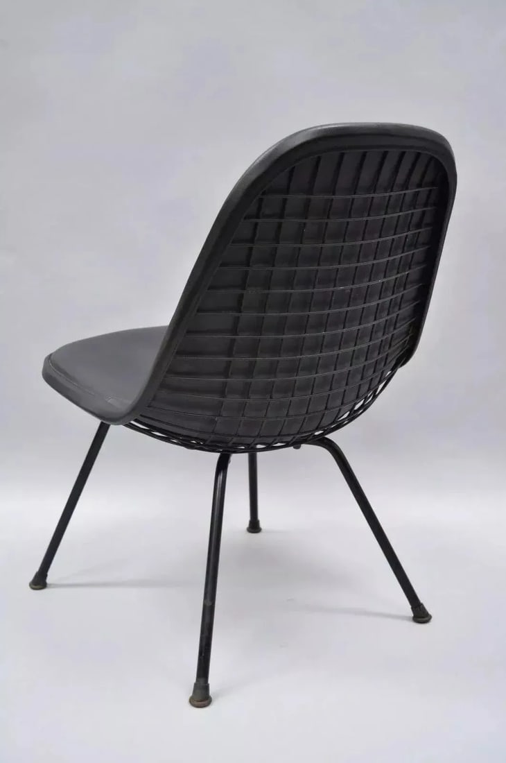 Vintage Herman Miller Eames Dkx Black Upholstered Padded Vinyl Wire Frame Chair - 10