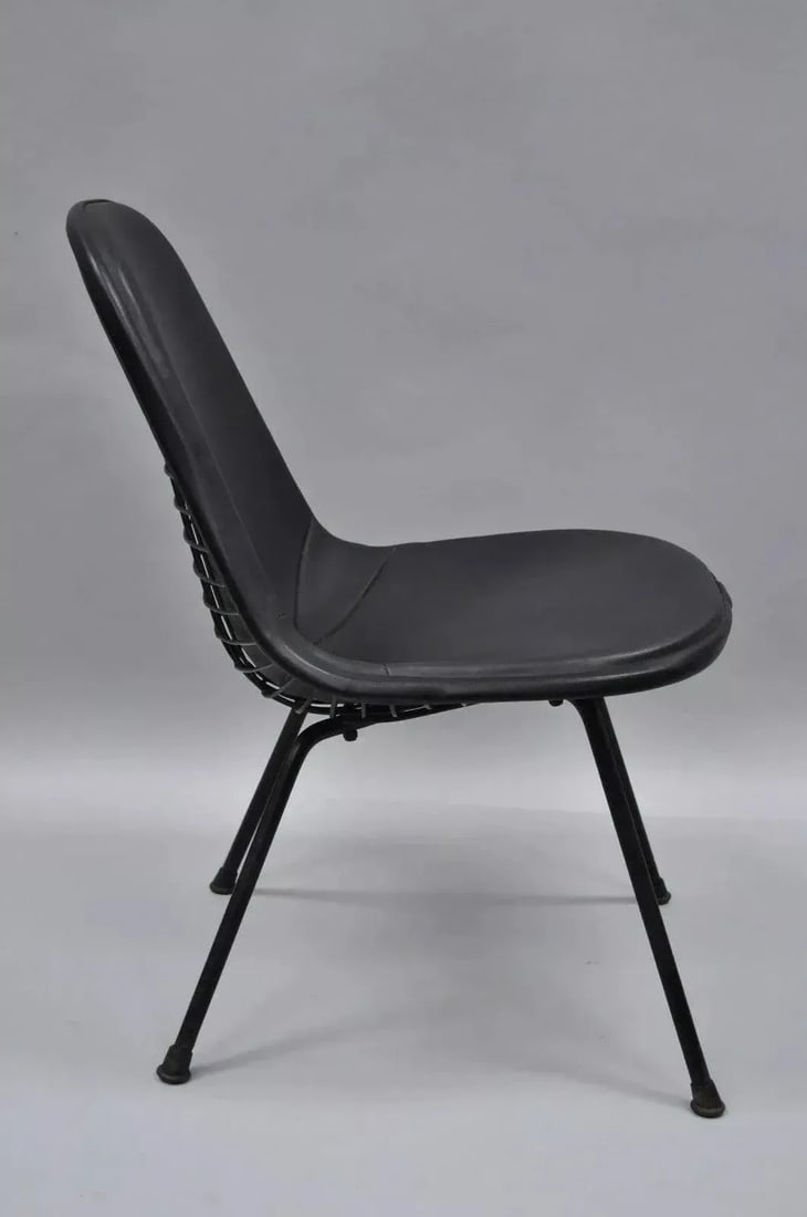 Vintage Herman Miller Eames Dkx Black Upholstered Padded Vinyl Wire Frame Chair - 6