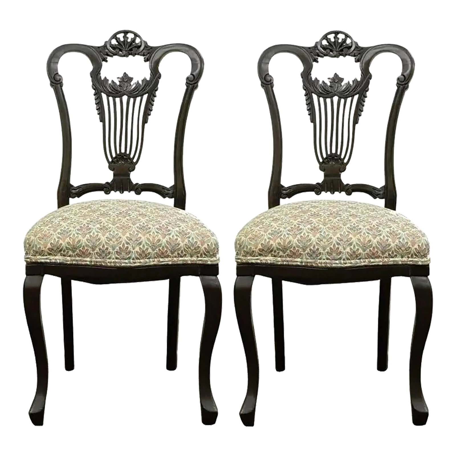 Early 20th Century Antique Victorian Carved Mahogany Lyre Back Small Accent Side Chairs - a Pair: Antique Victorian Carved Mahogany Lyre Back Small Accent Side Chairs - a Pair. Item features beautifully carved mahogany frames, floral and acanthus design, and shapely cabriole legs. Circa Early