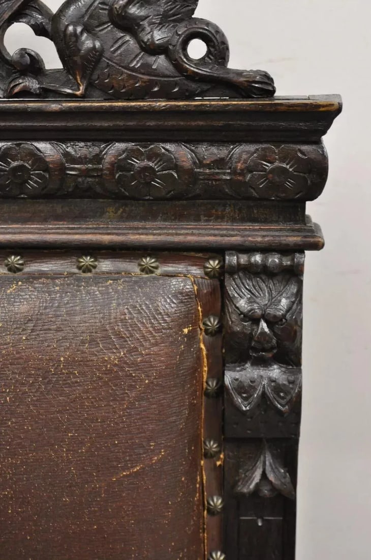 Mid 19th Century Antique Spanish Renaissance Carved Oak Wood Figural Leather Side Chairs - a Pair - 10