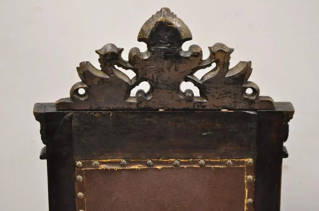 Mid 19th Century Antique Spanish Renaissance Carved Oak Wood Figural Leather Side Chairs - a Pair - 11