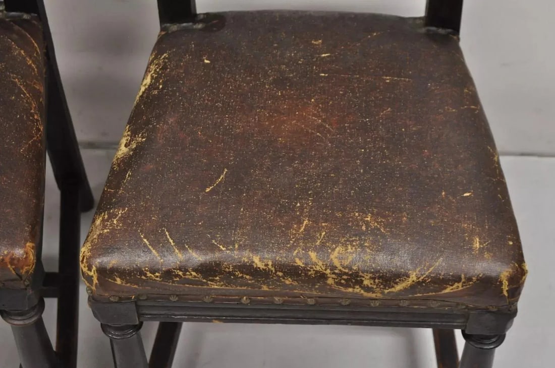 Mid 19th Century Antique Spanish Renaissance Carved Oak Wood Figural Leather Side Chairs - a Pair - 12