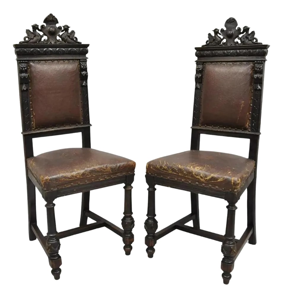 Mid 19th Century Antique Spanish Renaissance Carved Oak Wood Figural Leather Side Chairs - a Pair (1 of 12)
