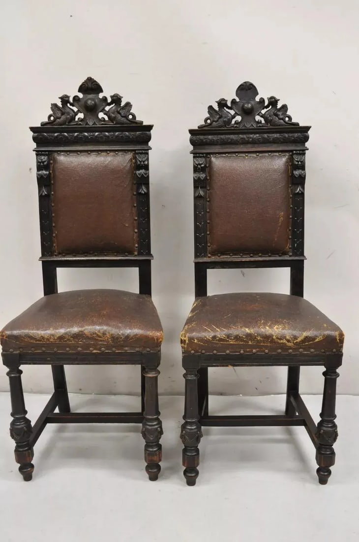 Mid 19th Century Antique Spanish Renaissance Carved Oak Wood Figural Leather Side Chairs - a Pair - 2