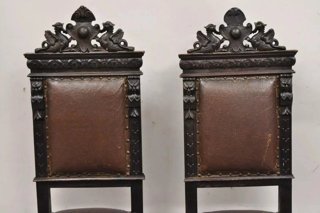 Mid 19th Century Antique Spanish Renaissance Carved Oak Wood Figural Leather Side Chairs - a Pair - 3