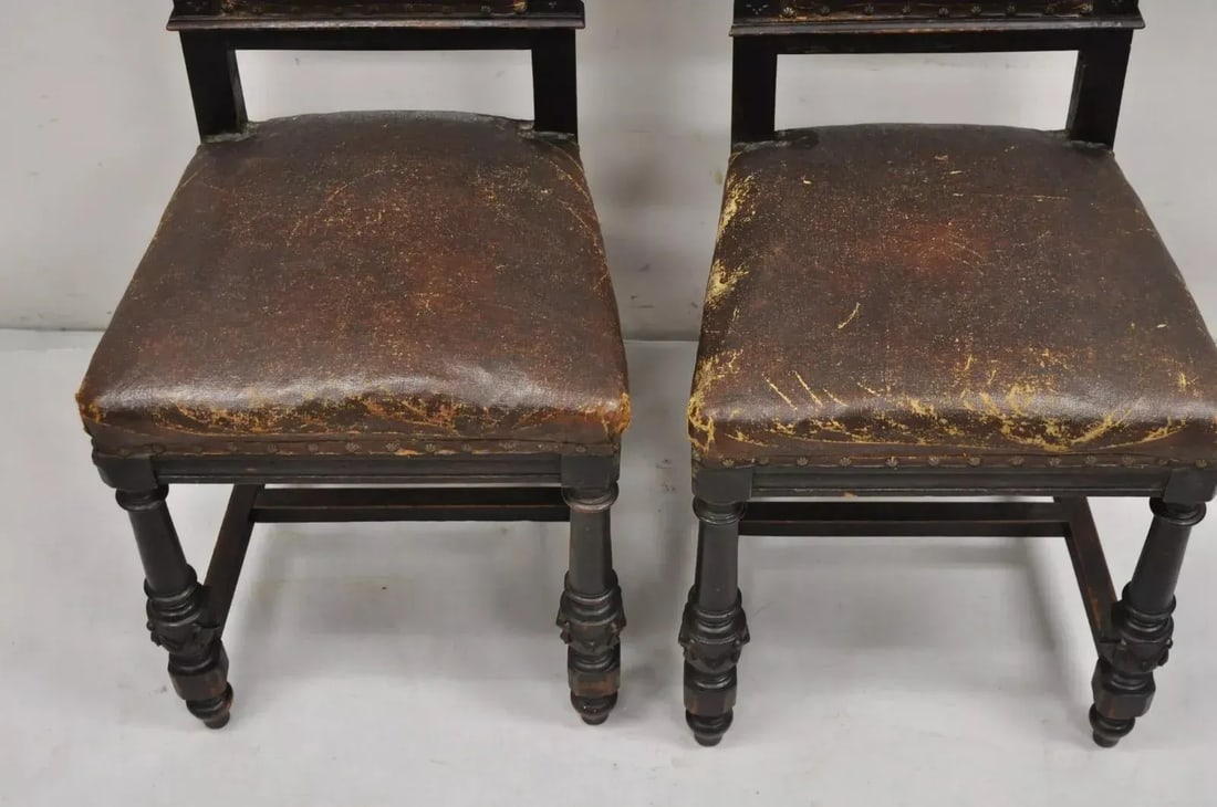 Mid 19th Century Antique Spanish Renaissance Carved Oak Wood Figural Leather Side Chairs - a Pair - 4