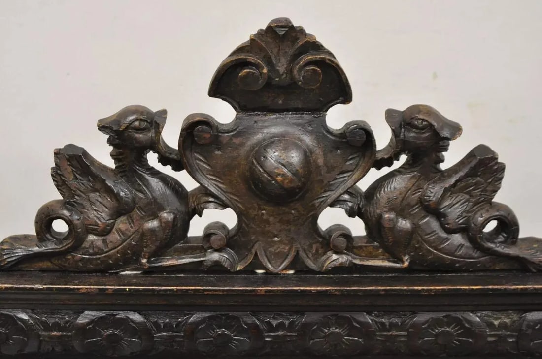 Mid 19th Century Antique Spanish Renaissance Carved Oak Wood Figural Leather Side Chairs - a Pair - 5