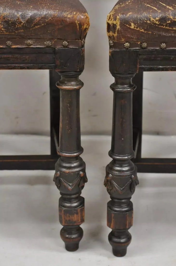 Mid 19th Century Antique Spanish Renaissance Carved Oak Wood Figural Leather Side Chairs - a Pair - 7