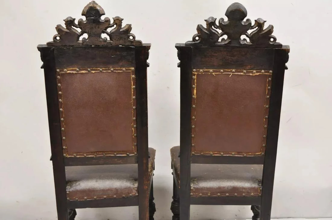 Mid 19th Century Antique Spanish Renaissance Carved Oak Wood Figural Leather Side Chairs - a Pair - 8