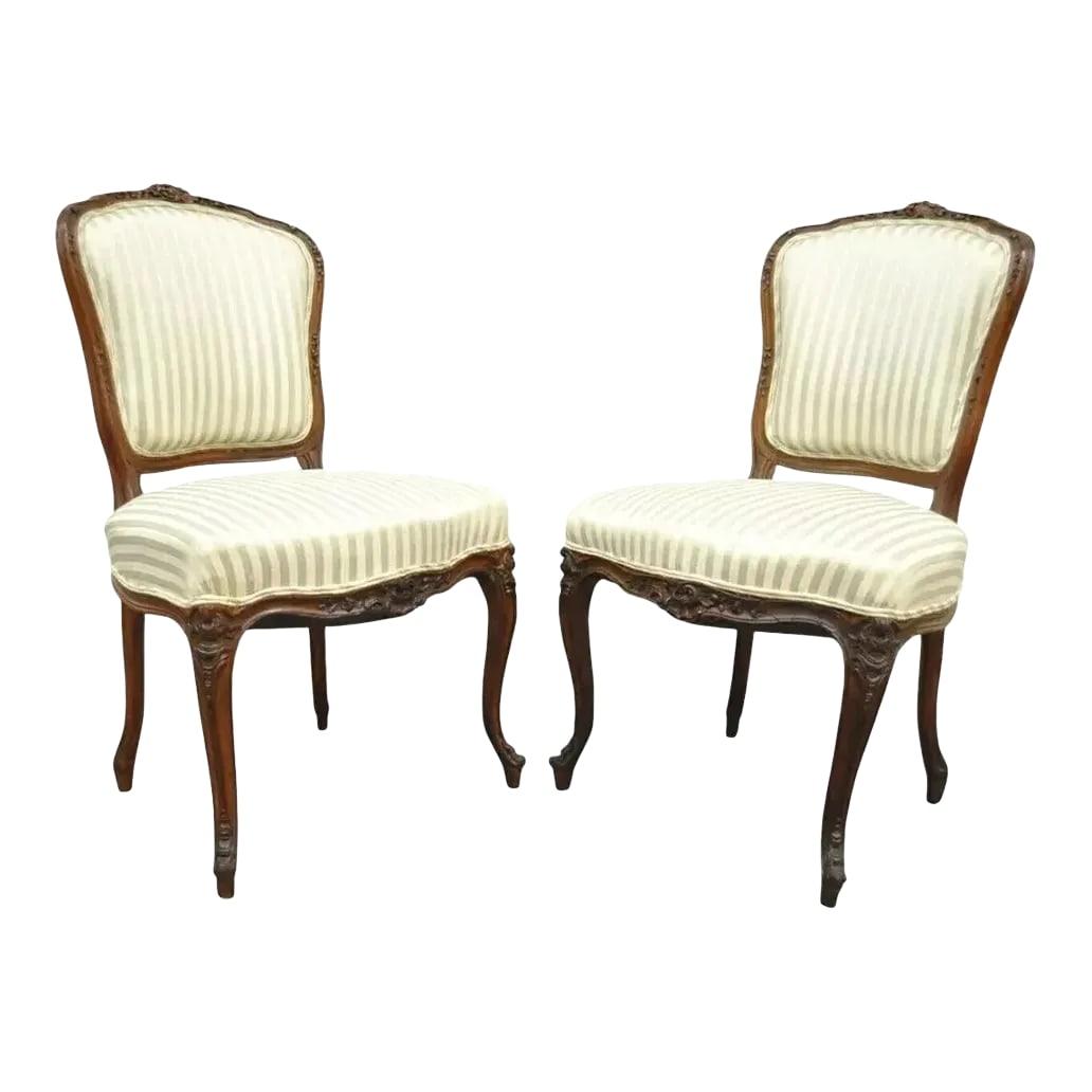 Late 19th Century Antique French Victorian Louis XV Style Carved Walnut Side Chairs - a Pair: Antique French Victorian Louis XV Style Carved Walnut Side Chairs - a Pair. Item features carved cabriole legs, heavy solid walnut floral carved frames, and classic and elegant Louis XV form. Circa La