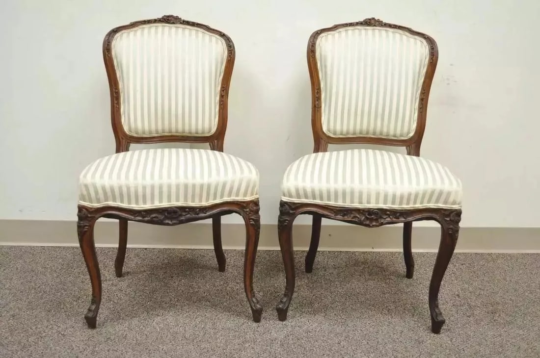 Late 19th Century Antique French Victorian Louis XV Style Carved Walnut Side Chairs - a Pair - 2