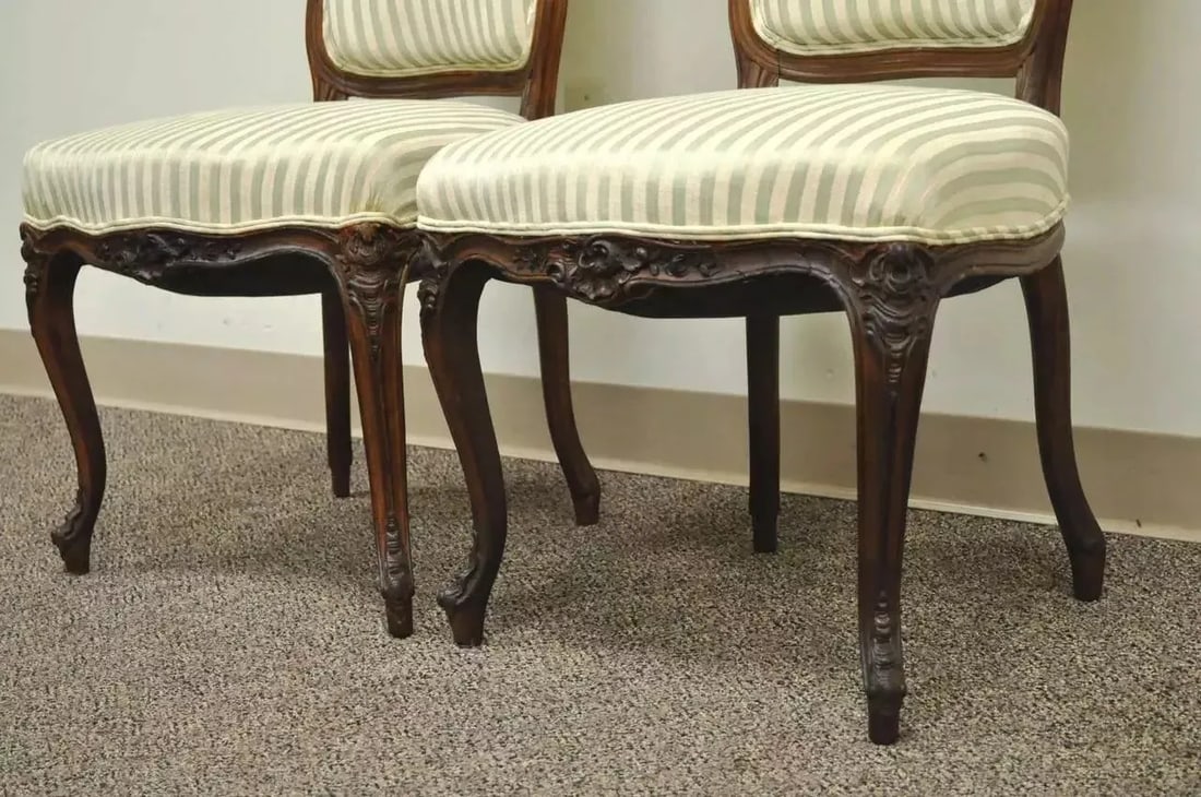 Late 19th Century Antique French Victorian Louis XV Style Carved Walnut Side Chairs - a Pair - 4