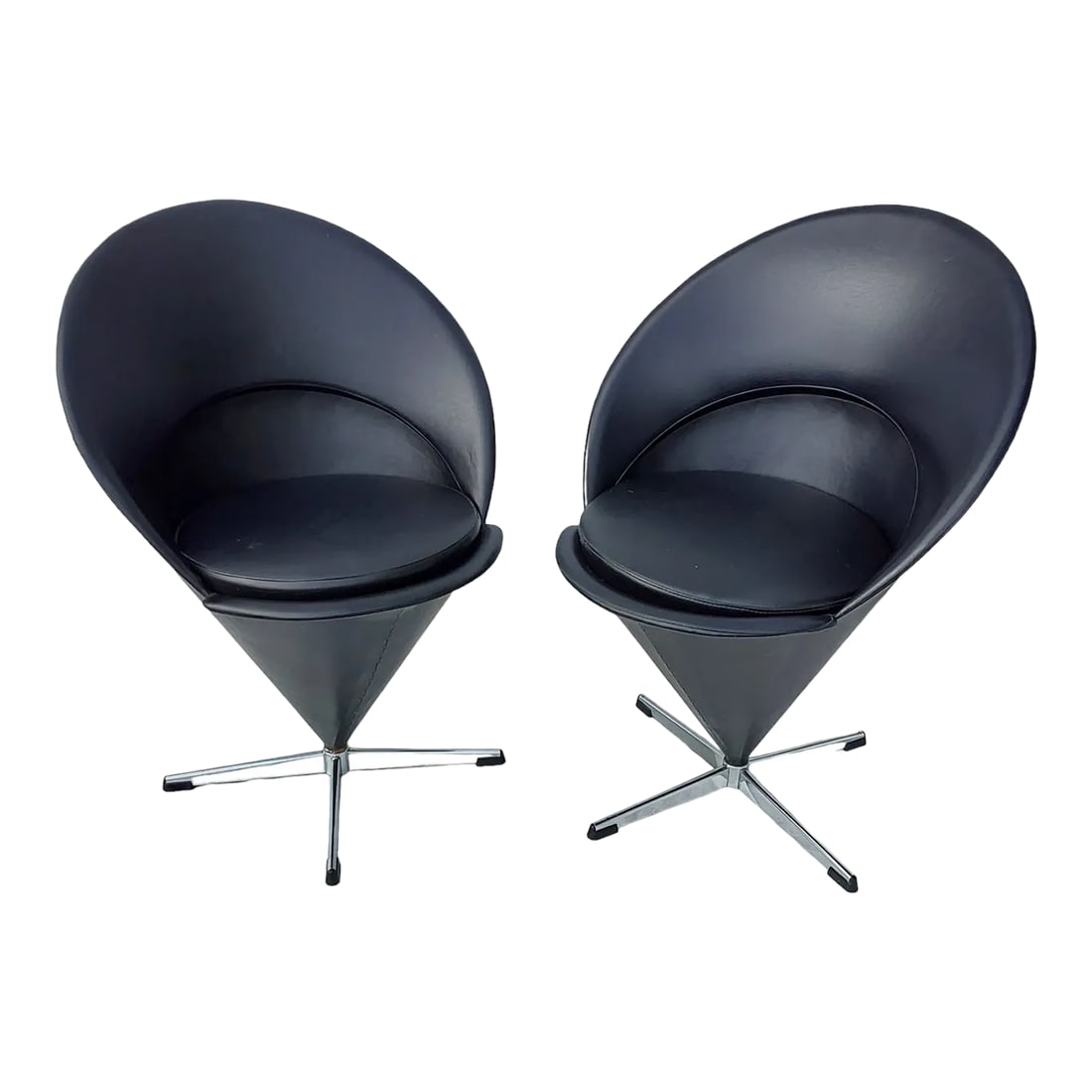 Verner Panton Attributed Mid-Century Modern 1980s Vintage Cone Chairs: Vintage cone chairs attributed to Verner Panton in black original upholstery Set of 2 on cross prong swivel chrome legs. Nice vintage condition. There are no manufacturers markers or labels present.
