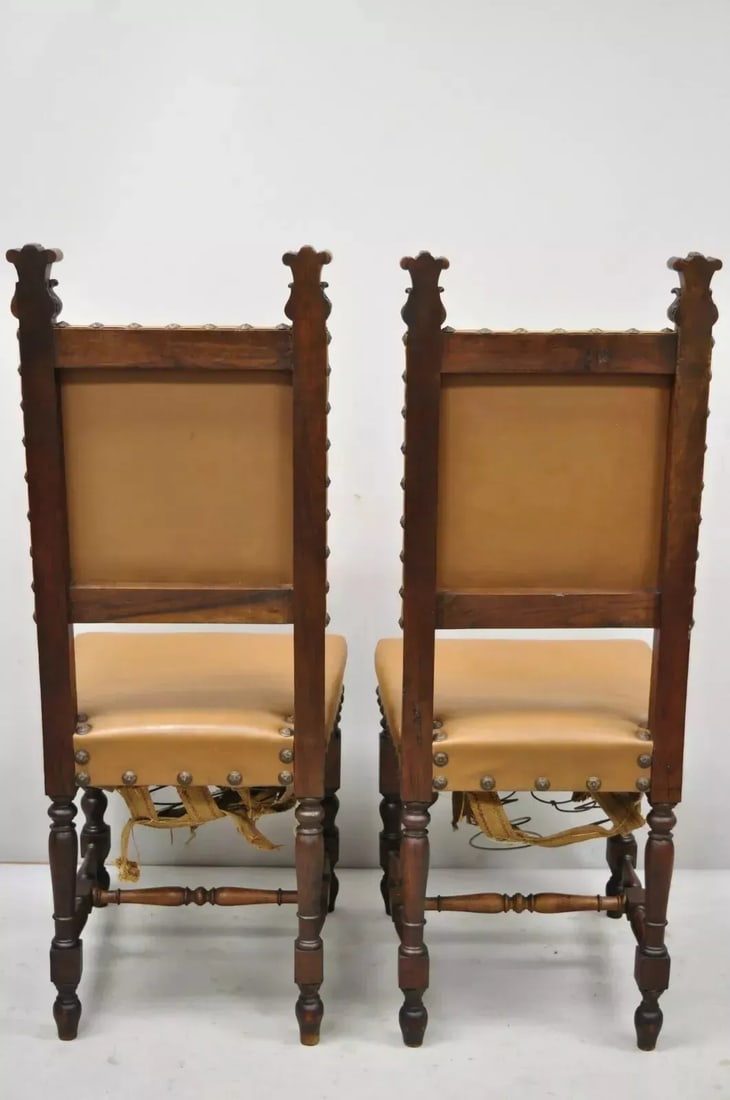 Antique 19th Century Italian Renaissance Carved Walnut High Back Side Chairs - a Pair - 10