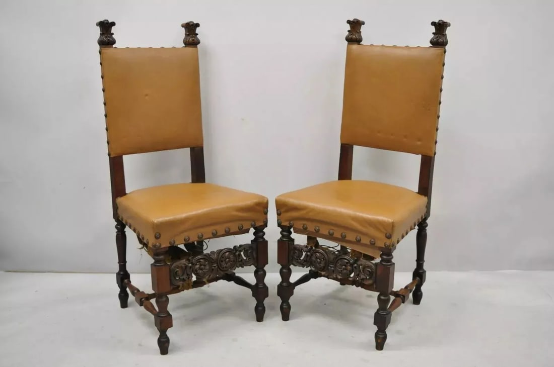 Antique 19th Century Italian Renaissance Carved Walnut High Back Side Chairs - a Pair - 11