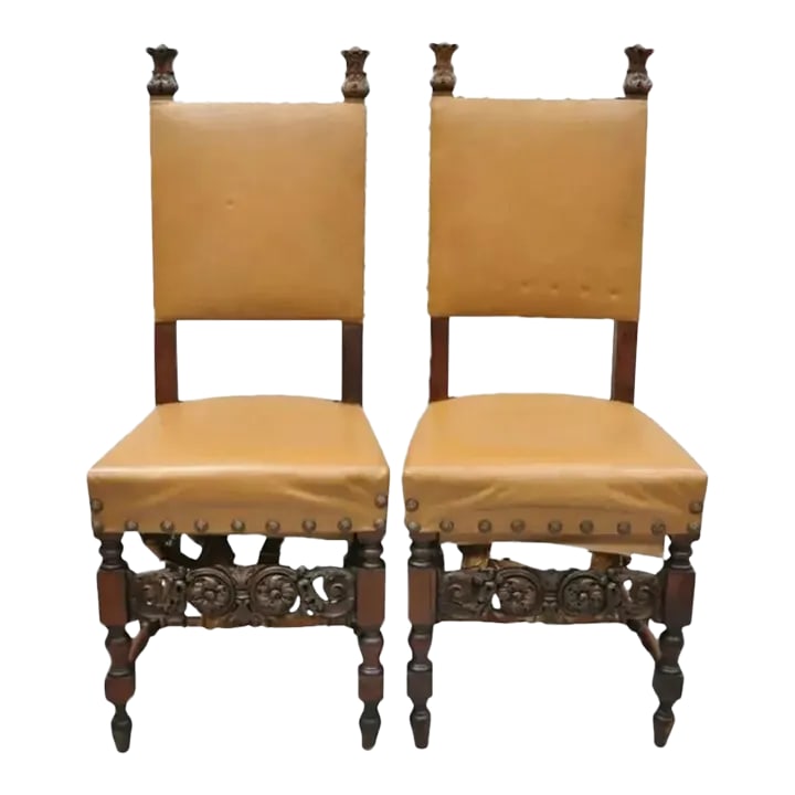 Antique 19th Century Italian Renaissance Carved Walnut High Back Side Chairs - a Pair (1 of 11)