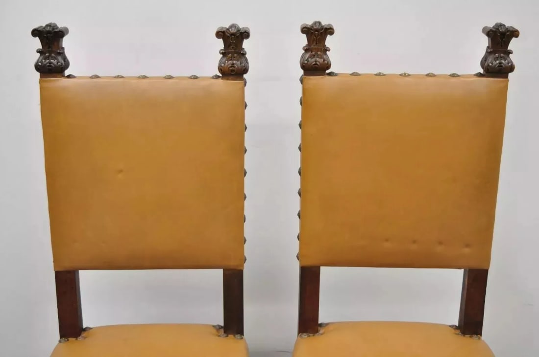 Antique 19th Century Italian Renaissance Carved Walnut High Back Side Chairs - a Pair - 2