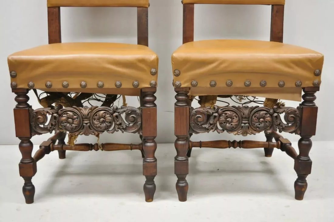 Antique 19th Century Italian Renaissance Carved Walnut High Back Side Chairs - a Pair - 3
