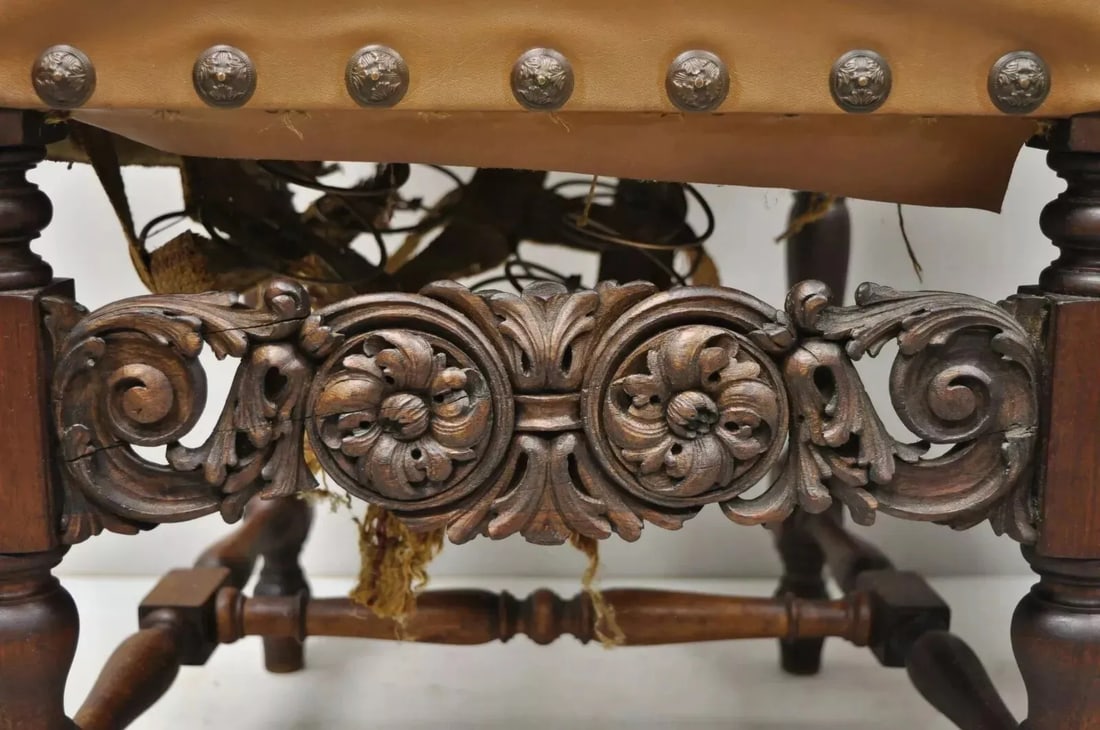 Antique 19th Century Italian Renaissance Carved Walnut High Back Side Chairs - a Pair - 4