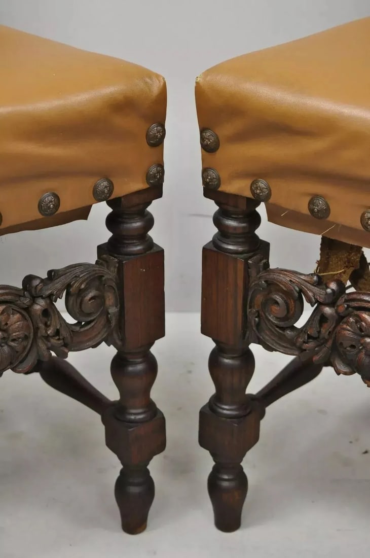 Antique 19th Century Italian Renaissance Carved Walnut High Back Side Chairs - a Pair - 7