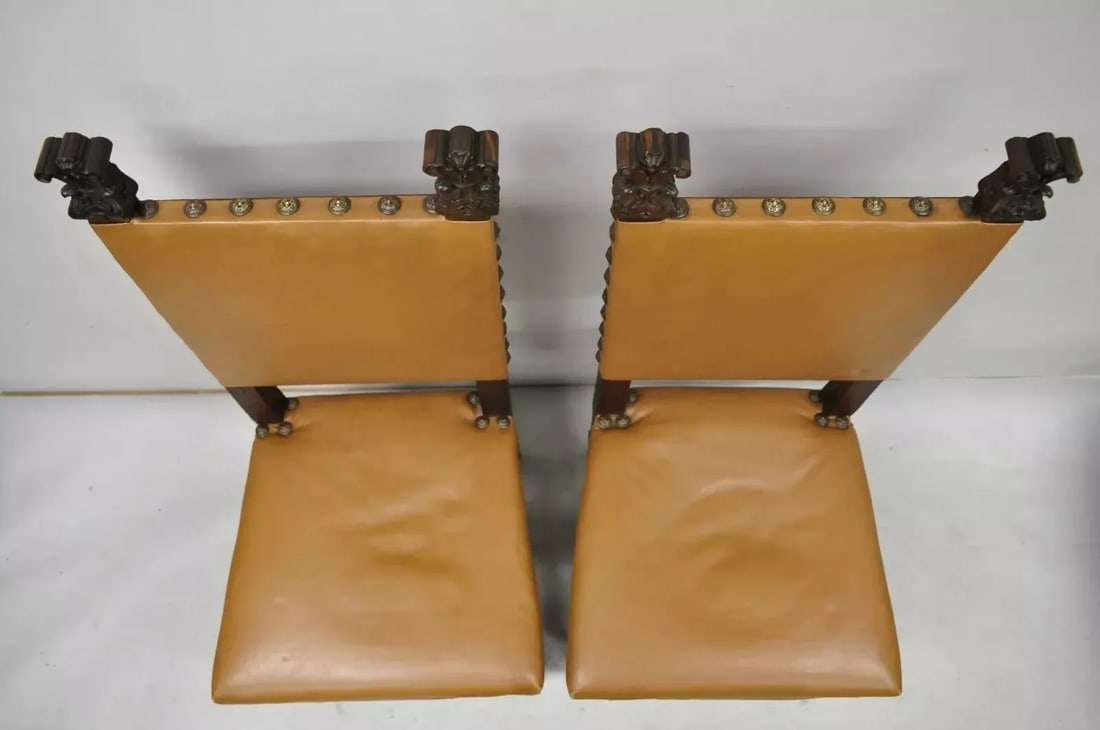 Antique 19th Century Italian Renaissance Carved Walnut High Back Side Chairs - a Pair - 8