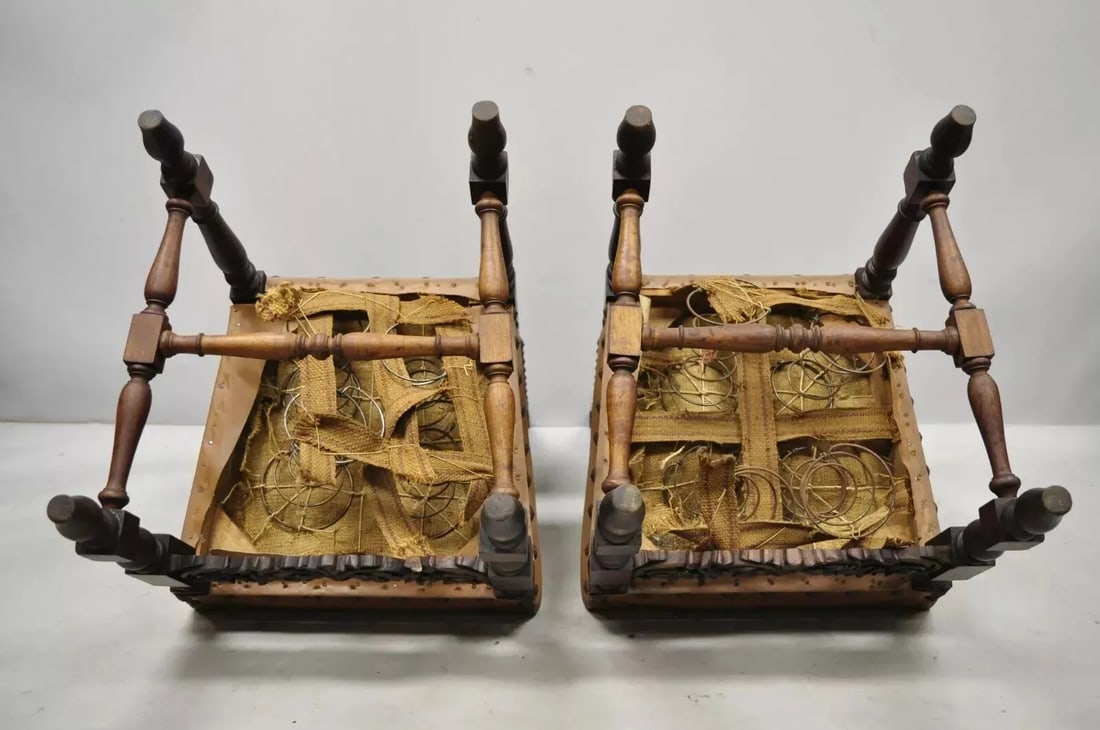 Antique 19th Century Italian Renaissance Carved Walnut High Back Side Chairs - a Pair - 9