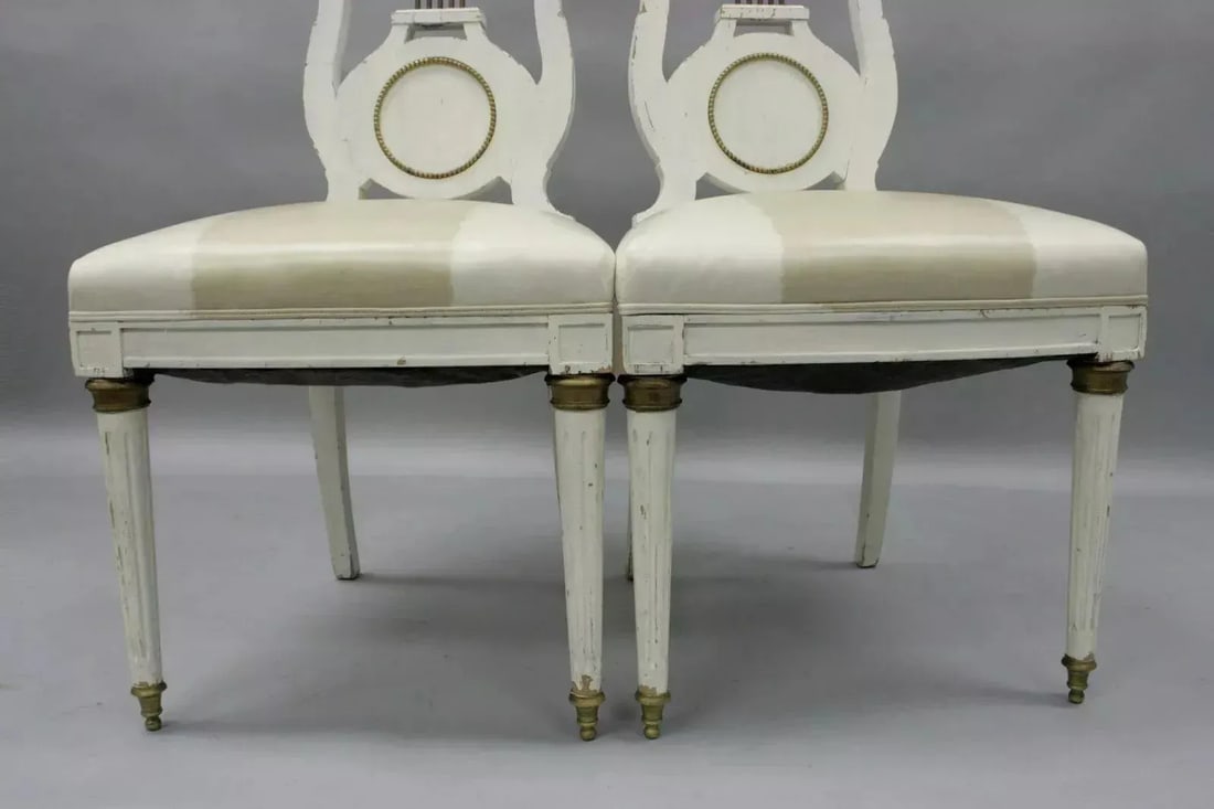 Early 20th Century Antique French Empire Neoclassical Style Brass Harp Lyre Side Chairs - a Pair - 11