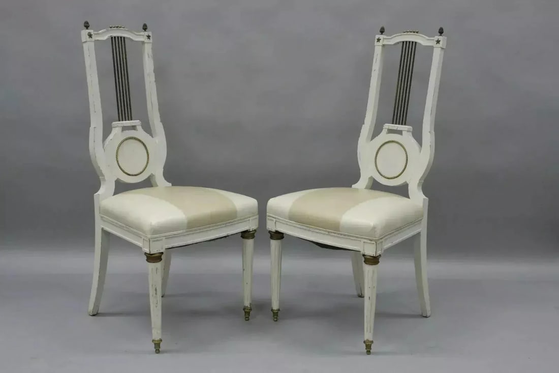 Early 20th Century Antique French Empire Neoclassical Style Brass Harp Lyre Side Chairs - a Pair - 12
