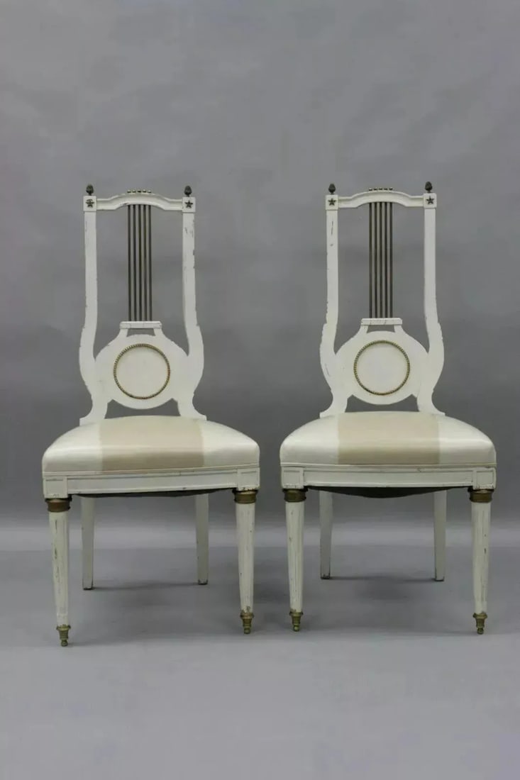 Early 20th Century Antique French Empire Neoclassical Style Brass Harp Lyre Side Chairs - a Pair - 2