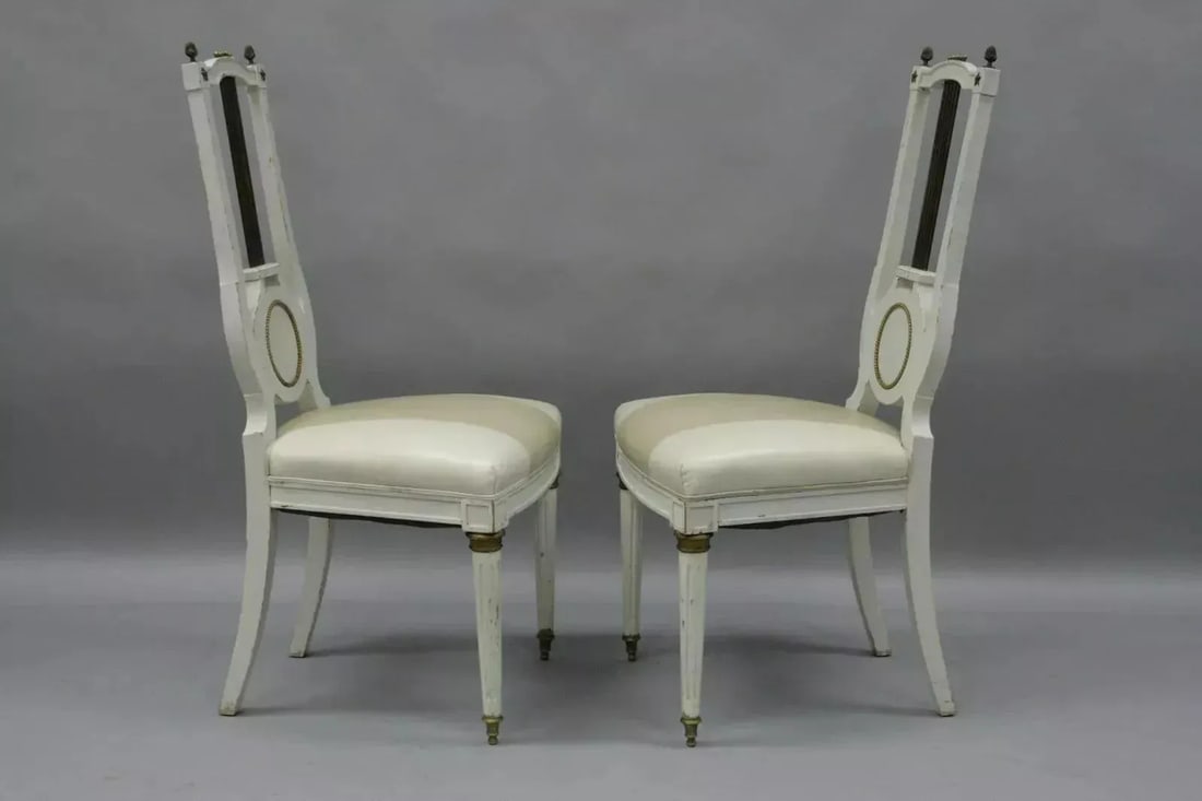 Early 20th Century Antique French Empire Neoclassical Style Brass Harp Lyre Side Chairs - a Pair - 5