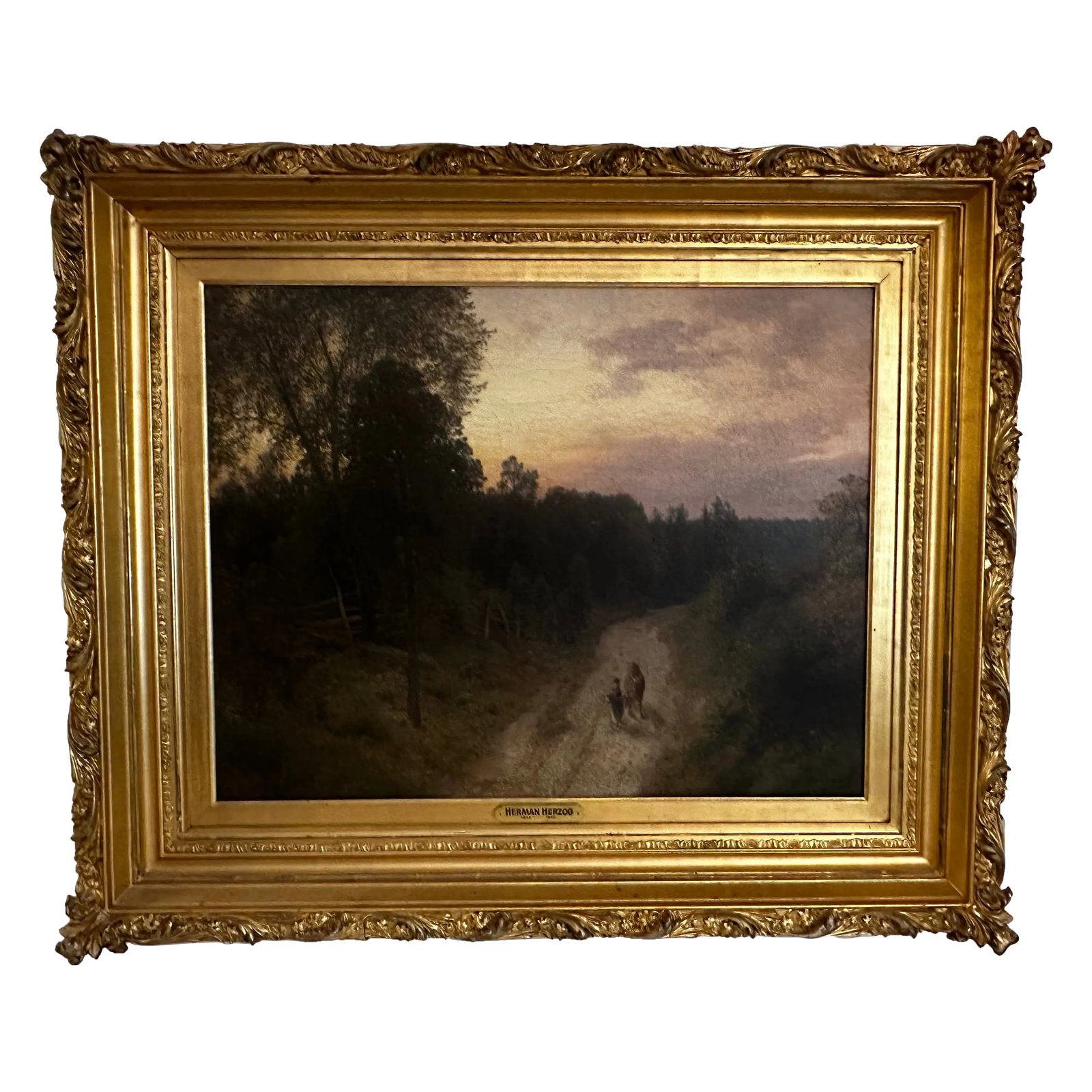 Large Landscape Painting by Hermann Ottomar Herzog: Gorgeous moody landscape by listed artist, Hermann Herzog, famous for his landscapes and seascapes as well as many views of Norway. Canvas sze 35 x 27.5 Beautiful giltwood frame. Signed. Herzog was