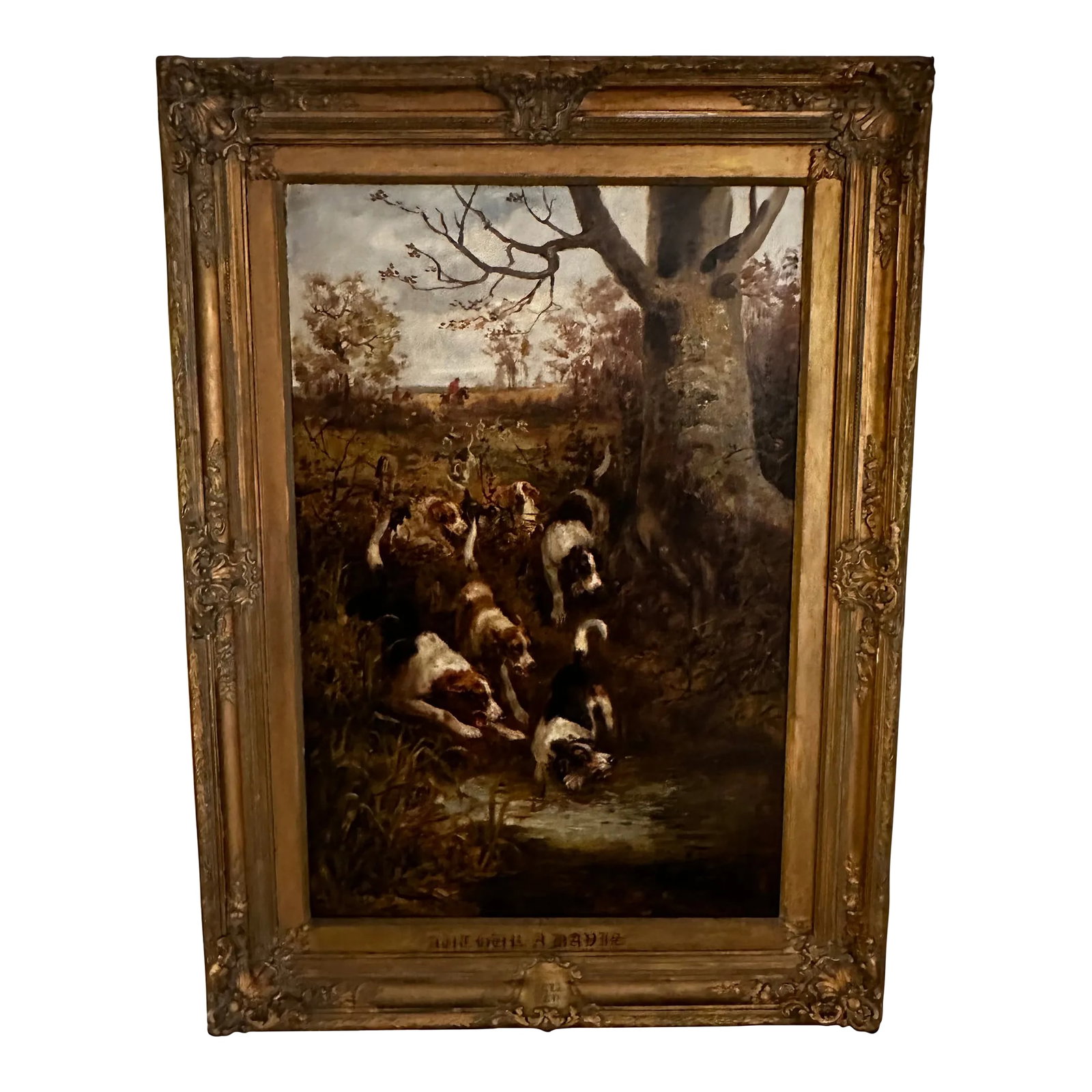 Large Hunt Scene Painting With Dogs by Arthur Alfred Davis: Fantastic hunt scene with pack of dogs by Arthur Alfred Davis, "Full Cry" original Oil on canvas, signed & dated bottom right, with inscription plaque bottom stretcher. canvas: 36" X 24" With frame: