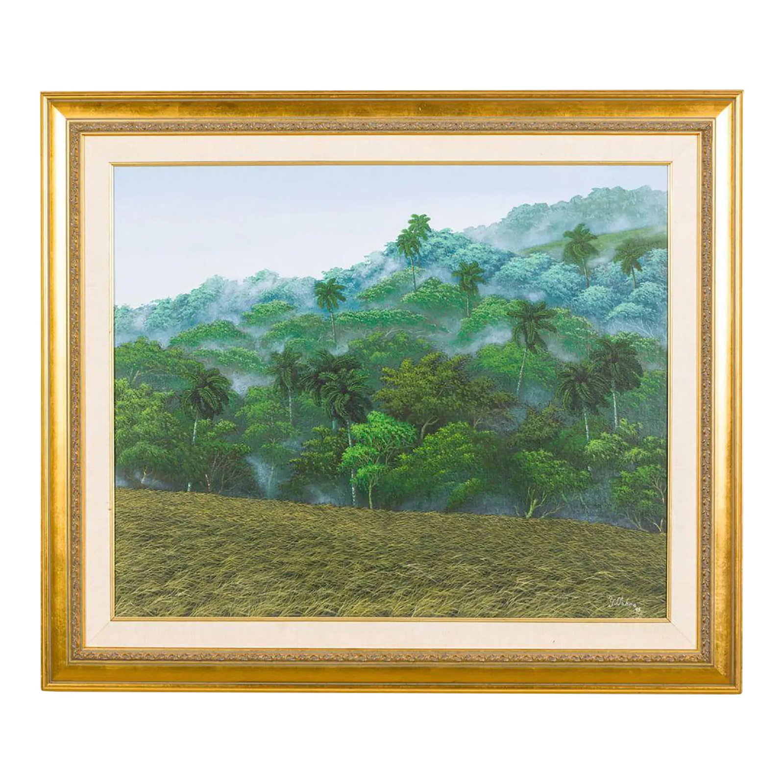 Misty Mountain Oil Print Circa 1995 by y.s. Sobre: This oil print titled "Misty Mountain" by Y.S. Sobre, created around 1995, features a serene and atmospheric landscape scene. The artwork portrays a mountainous terrain enveloped in mist, with soft
