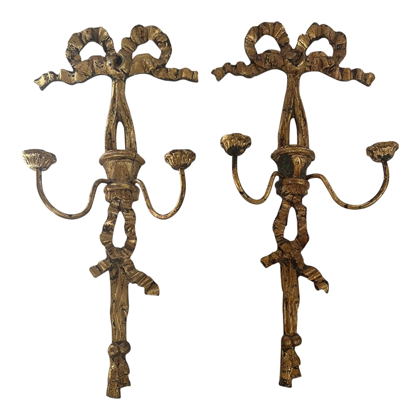 Bow Motif French Candle Sconces -A Pair: Pair of pretty gilt metal bow candle sconces from France in a classic form. Condition: Alterations: Original Condition Unaltered Imperfections: Some Imperfections Condition Notes: Good. Wear consisten