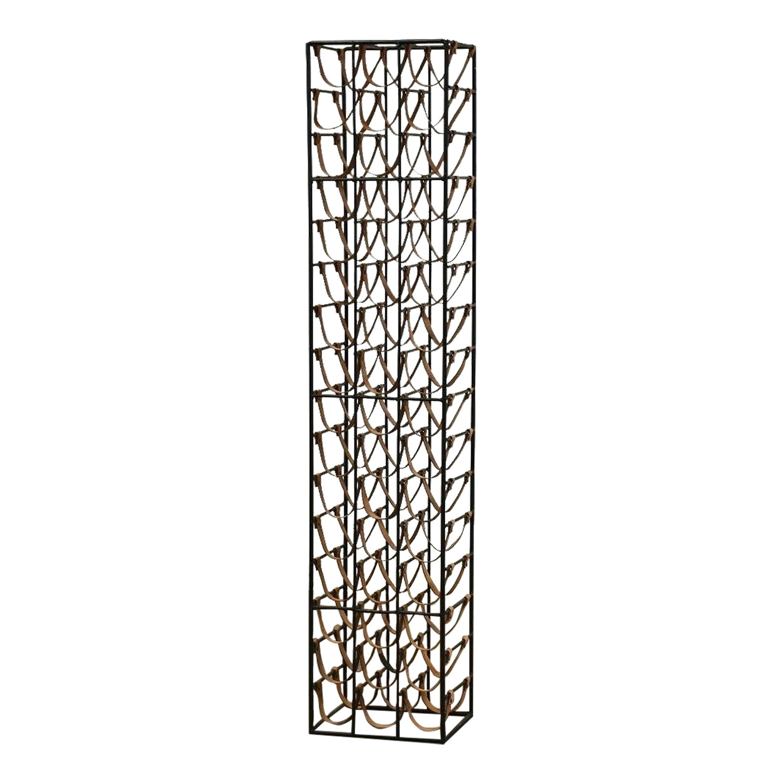1970s Arthur Umanoff 48 Bottle Wine Rack: A mid century modern iron frame wine rack with leather straps to hold wine bottles designed by Arthur Umanoff. Not signed. 13.75" wide. 11" deep. 66.5" tall. Condition: Alterations: Original Condition