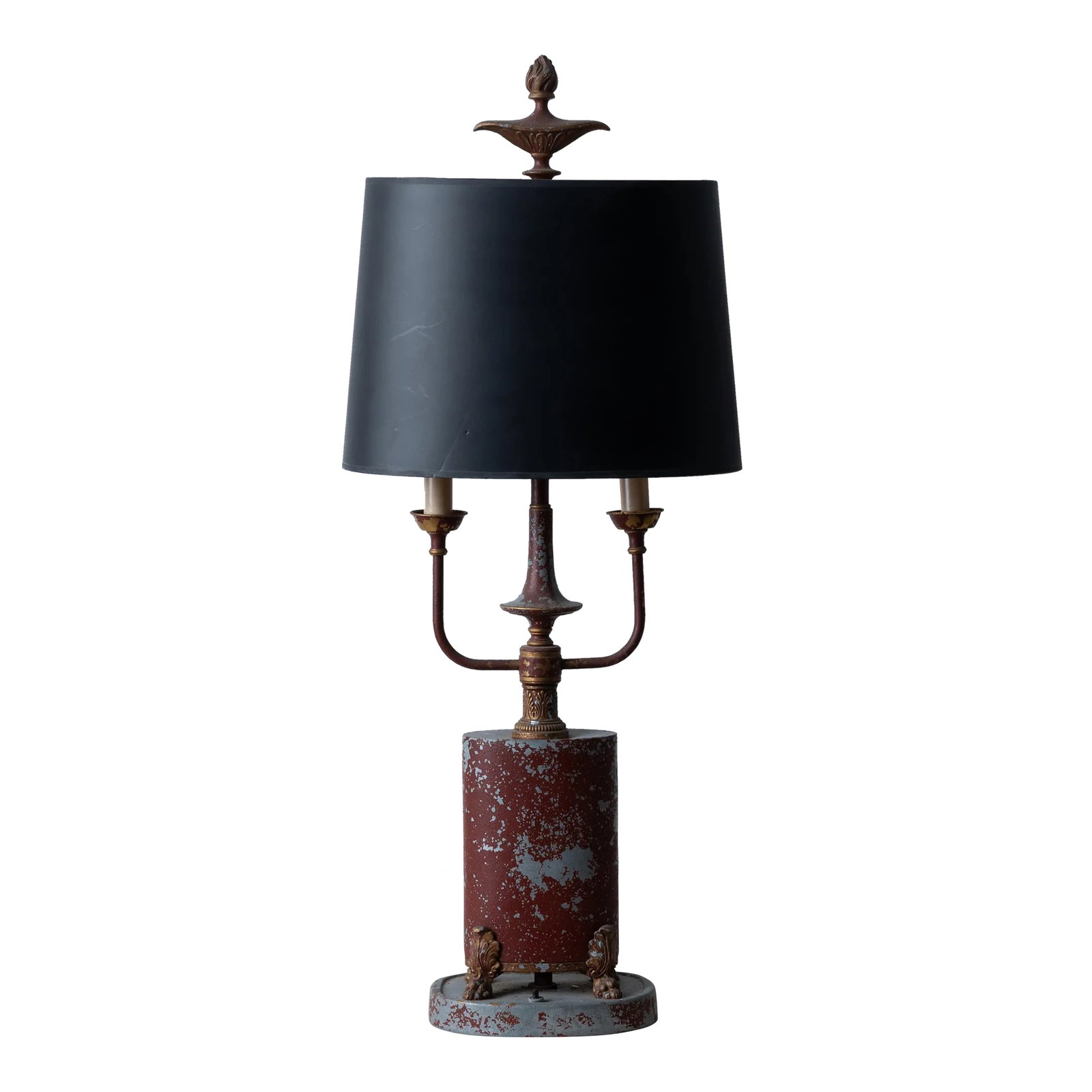 Distressed Tole Bouillotte Lamp: A distressed tole bouillotte lamp, mid-20th century. 8 inches wide (at base) by 6 1/2 inches deep by 33 1/4 inches tall; shade measures 13 3/4 inches wide by 9 1/2 inches deep Condition: Alterations: