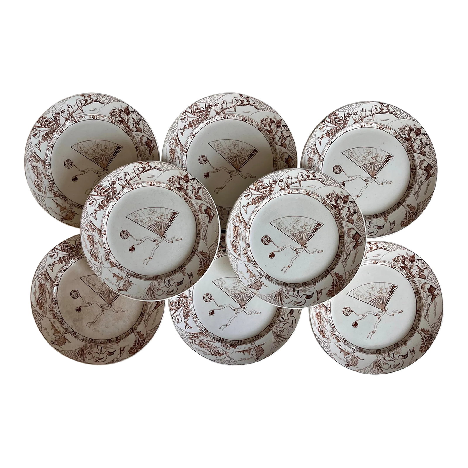 Set of 8 Antique Brown Transfer Salad Plates by Brown-Westhead, Moore & Co: Set of 8 antique 7.75" Jeddo plates with a brown transfer pattern. This pattern features a central Japanese folding fan (sensu) decorated with morning glories, thistles and two butterflies. A sinuous
