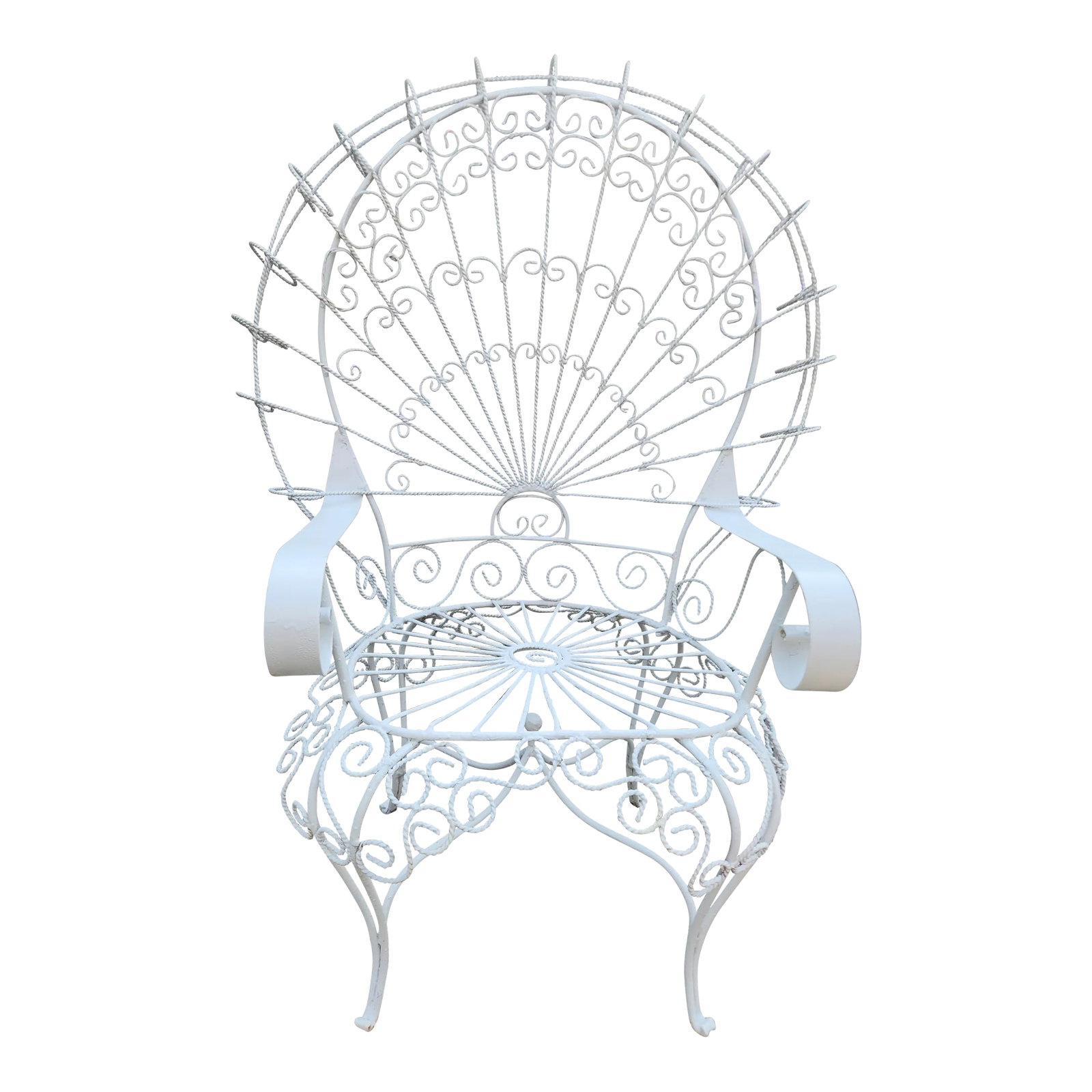 Vintage White Metal Peacock Chair: This vintage Boho wrought iron peacock chair, inspired by Salterini, combine intricate ironwork with a whimsical design, perfect for adding a touch of retro glamour to any space. Circa mid 20th centur