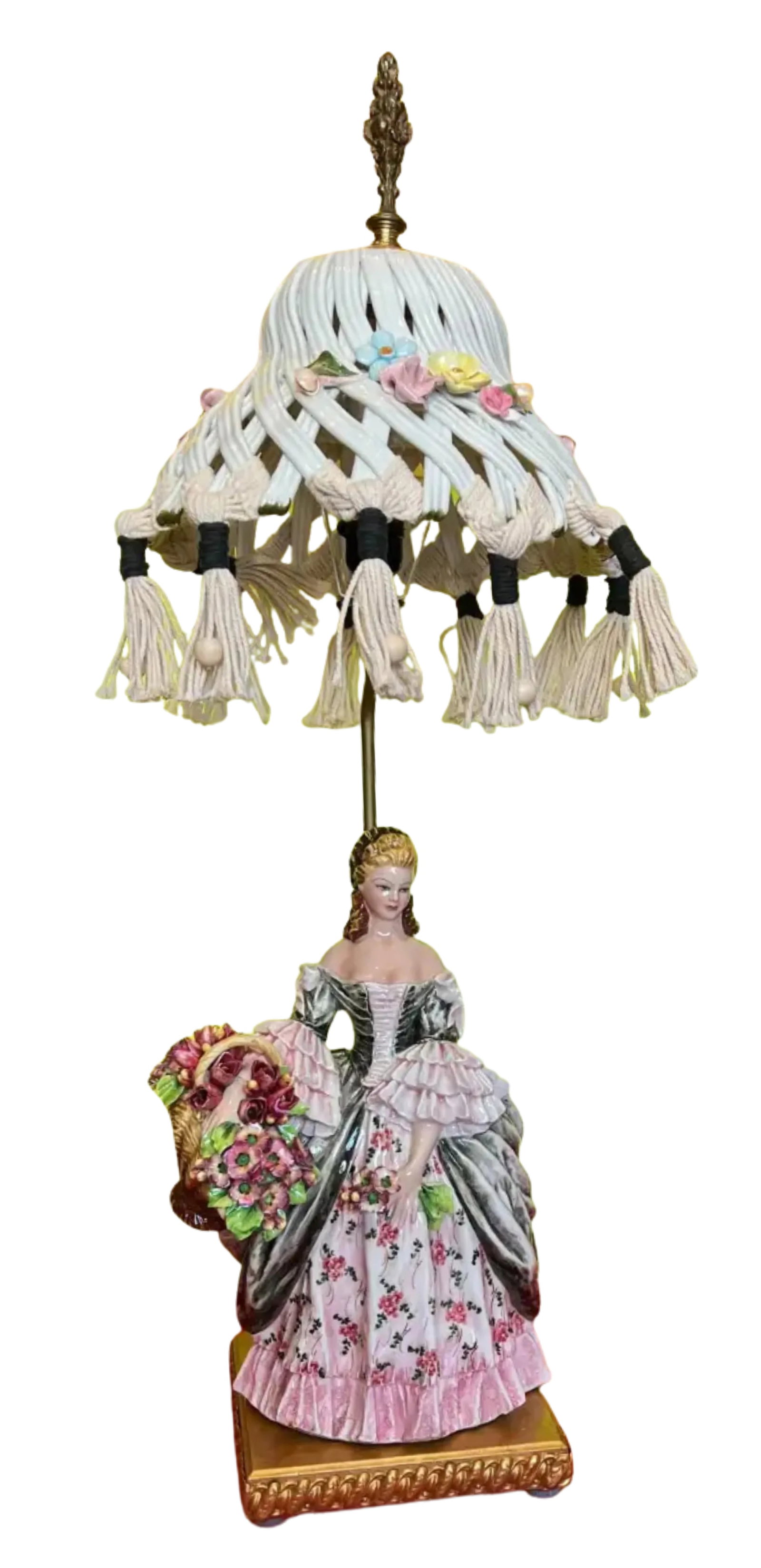 1930's Capodimonte Carlo Mollica Porcelain Table Lamp Lady With Flowers - 4