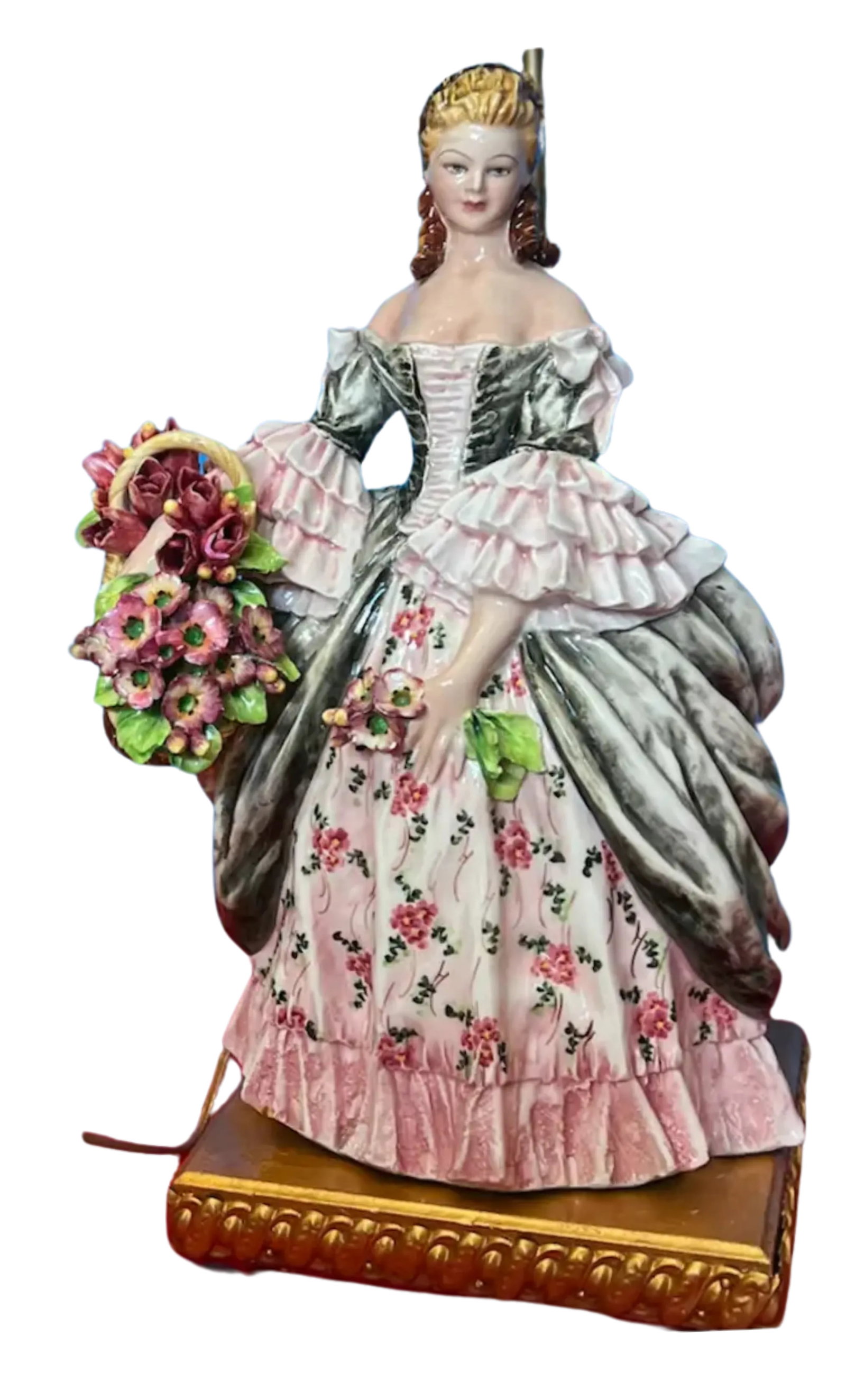1930's Capodimonte Carlo Mollica Porcelain Table Lamp Lady With Flowers - 7