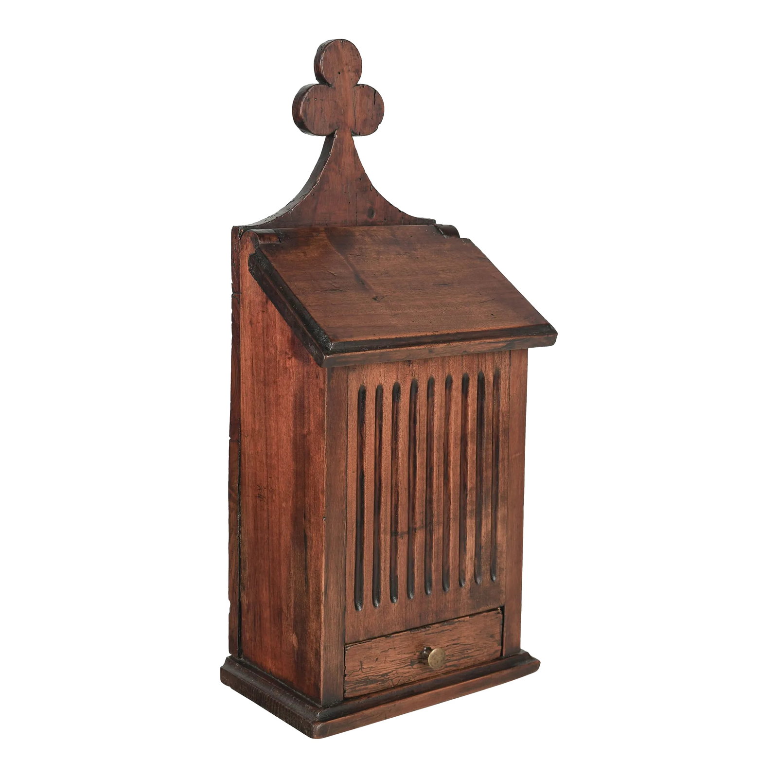 19th Century French Boite a Sel or Salt Box: A 19th century French boite a sel, or salt box, hand-crafted of solid walnut with hinged lid and small dovetailed drawer. Clover leaf detail. Waxed finish. This box was used to store salt and pepper a