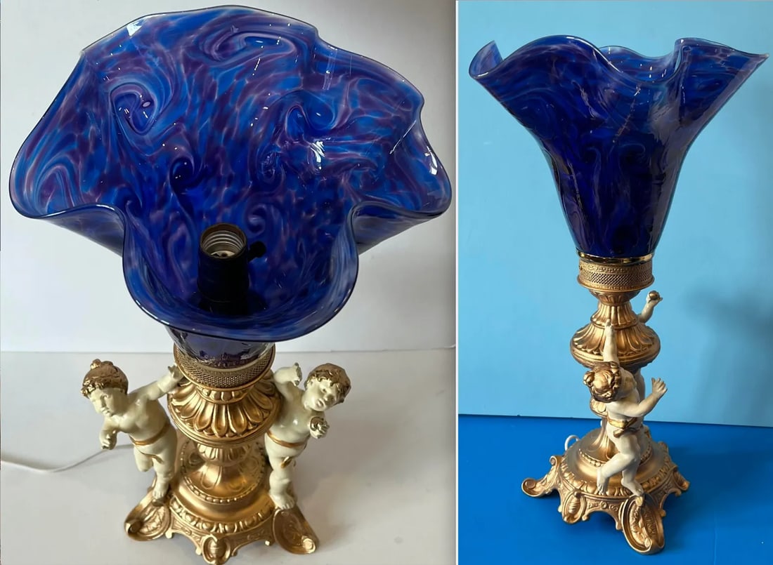 Vintage Cherub Blue Art Glass Torchiere Brass Table Lamp - 11