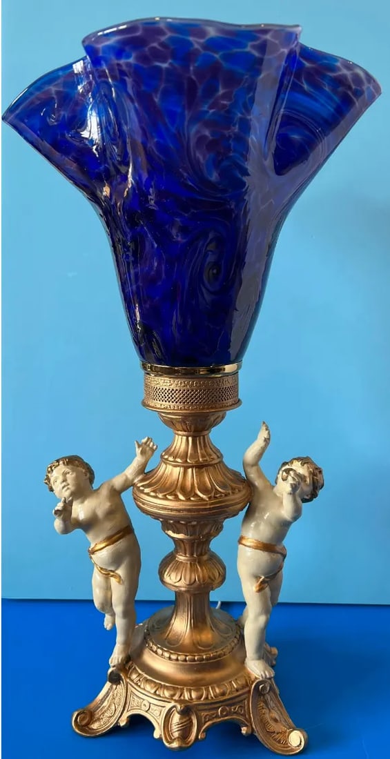 Vintage Cherub Blue Art Glass Torchiere Brass Table Lamp - 2