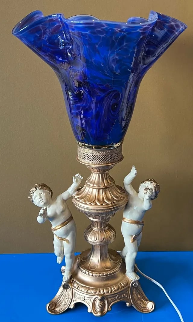 Vintage Cherub Blue Art Glass Torchiere Brass Table Lamp - 3