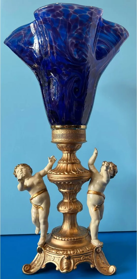 Vintage Cherub Blue Art Glass Torchiere Brass Table Lamp - 4